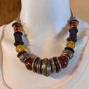 Metals, glass, beaded necklace